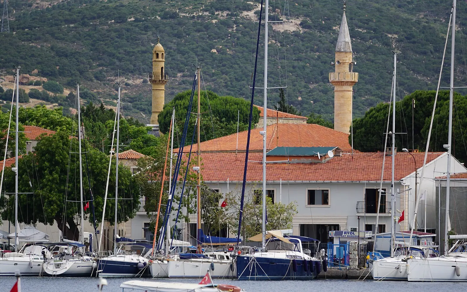 Foça marina, fishing boats and the old town waterfront